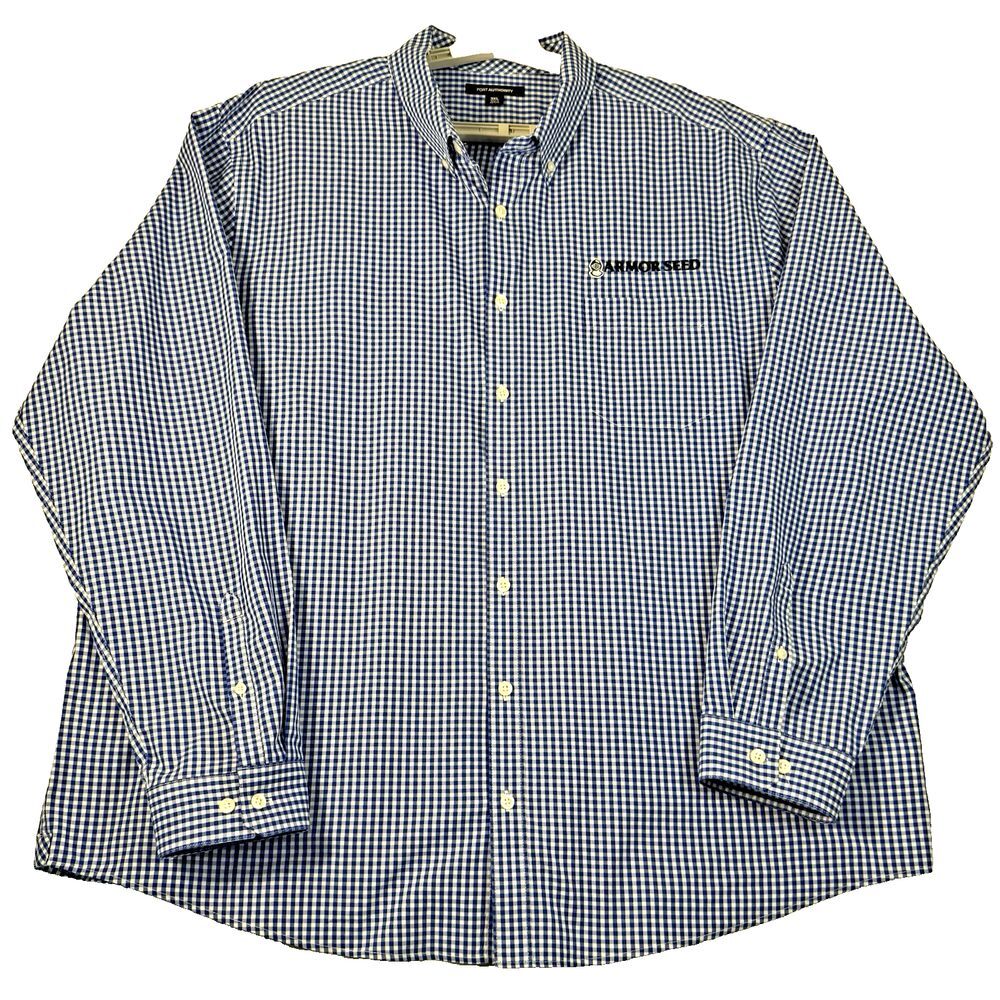 Port Authority Men's XXXL 3X Long Sleeve Button Down Blue Checked Shirt Logo EUC